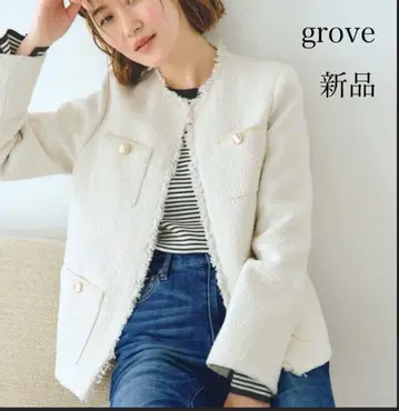 새상품 grove 프린지 트위드 자켓 노카라 화이트 입학식