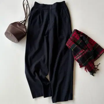 프레임워크 정가 2만 엔 고급 울 백 밴딩 색소니 와이드 팬츠 네이비