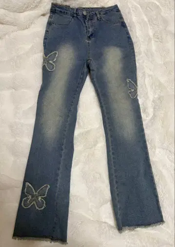 나비 자수 라이트 블루 데님 플레어 팬츠 헤이세이 레트로 Y2K