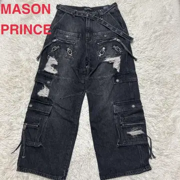 MASON PRINCE 데미지 가공 카고 데님 팬츠 블랙 L 사이즈