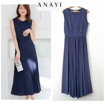 아나이 36 바이컬러 레이스 플리츠 니트 원피스