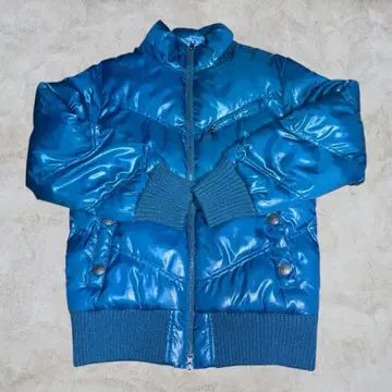 y2k 다운 자켓 광택 더블 지퍼 리브 길게 파랑 L 사이즈