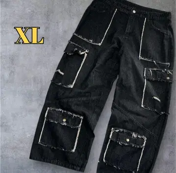 새상품급 XL 블랙 데님 와이드 팬츠 초와이드 배기 스트릿 리메이크