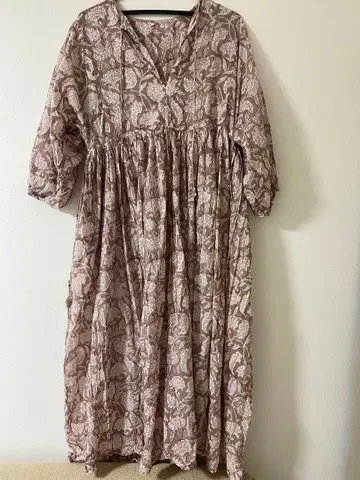 인도 면 블록 프린트 롱 원피스 그레이 핑크 15800엔