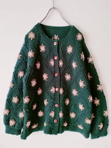니트 가디건 울 꽃 자수 빈티지 그린 레트로