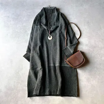 파드칼레 체크 롱 원피스 패치워크 울 루즈핏 화이트 블랙