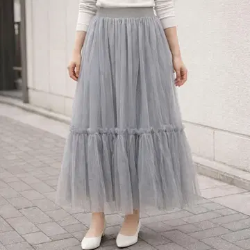 세련된 프릴 장식 그레이 튤 롱 스커트 봄 M 사이즈
