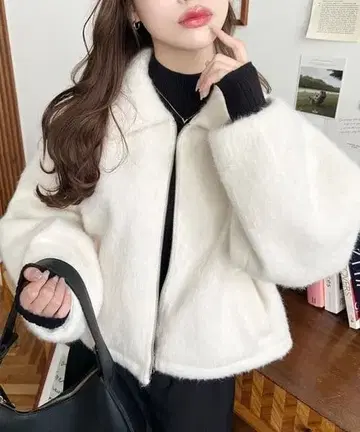 [ moment+ ] W 지퍼 볼륨 슬리브 샤기 숏 블루종