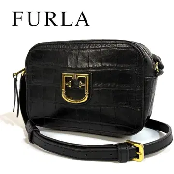 [새상품급] FURLA 가죽 사코슈 악어 엠보 블랙 골드 금장 장식