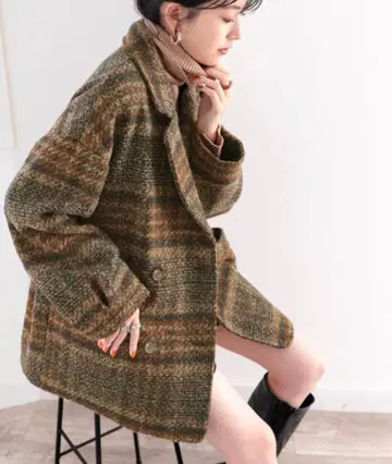 택 포함 미사용 부클레 기모 체크 무늬 오버 사이즈 더블 자켓 코트