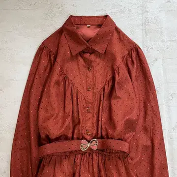 쇼와 레트로 도트 무늬 긴팔 롱 원피스 벨트 포함 9호 약간 광택 있음