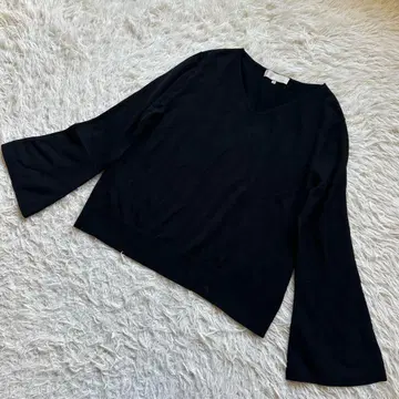 자유구 V넥 풀오버 니트 볼륨 소매 울 블랙 44 빅 사이즈