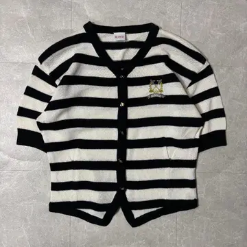 보더 니트 가디건 반팔 니트 자수 와펜 빈티지