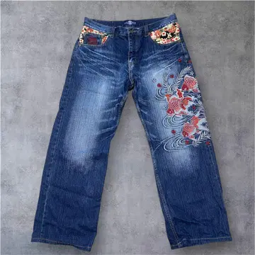 호텐 상점 부덴 상점 데님 팬츠 일본풍 패턴 금붕어 자수