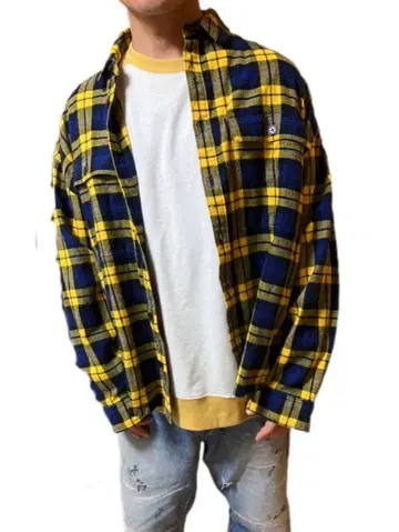 FILA 오버 사이즈 플란넬 셔츠 블루 옐로우 체크