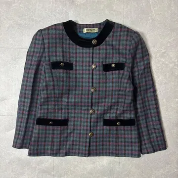 쇼와 레트로 노카라 자켓 체크 무늬 M 골드 버튼 울 혼방