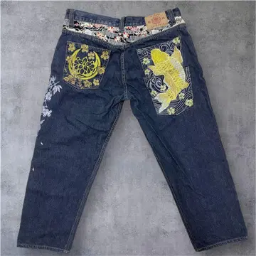 호텐 상점 데님 팬츠 청바지 자수 일본풍 패턴 잉어 금 꽃 인디고 블루
