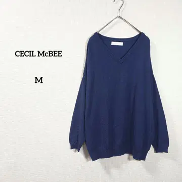 세실 맥비 V넥 니트 스웨터 긴팔 네이비 블루