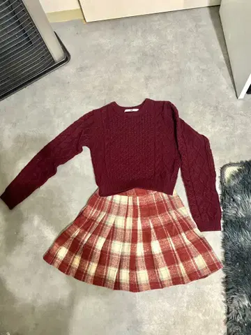 SLY 케이블 니트/체크 스커트 2점 코디 셋업
