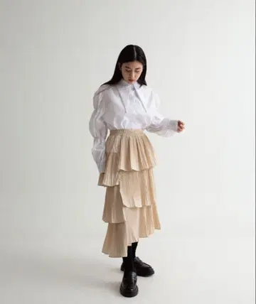 유니크 프릴 플레어 스커트 티어드 비대칭 롱 스커트