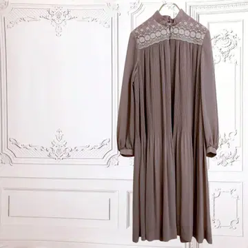 롱 원피스 긴팔 [ L ] 핑크 계열 레이스 플리츠 레트로 일본제