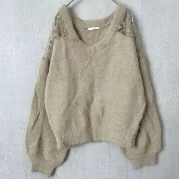 톨테 샤기 니트 어깨 레이스 비침 베이지 루즈핏 귀여운 긴팔 M