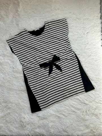 [ 쇼콜라피네 로브 ] 보더 슬리브리스 티셔츠 리본 포함 여성용