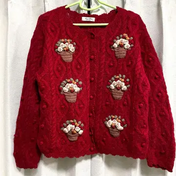 3D 빨간색 팝콘 꽃무늬 자수 니트 가디건 입체 스웨터 울