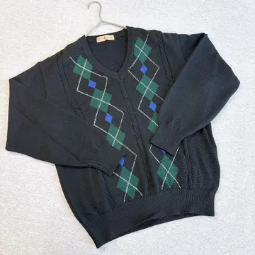 미즈노 그랜드모나크 울 스웨터 골프 아가일 무늬 V넥 LL 블랙