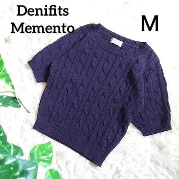 데니피츠메멘토 반팔 니트 케이블 짜임 스웨터 크롭 기장 네이비