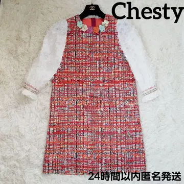 [ 완판템 ] Chesty 트위드 A라인 원피스 레드 S 플라워 레드