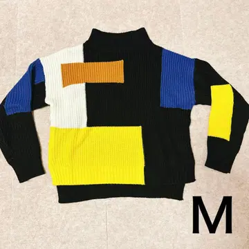 새상품 M 니트 스웨터 하이넥 보틀넥 컬러 블록 디자인 GRL