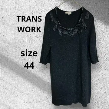 새상품급 트랜스워크 블랙 반소매 니트 44 비즈 리본 장식 라메