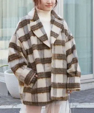 w closet 샤기 코트 체크 브라운