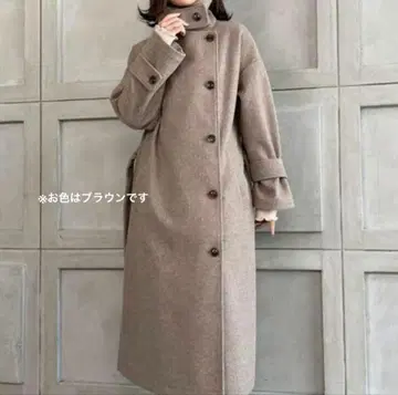 moment + 니트 멜톤 스탠드 카라 사이드 슬릿 롱 코트