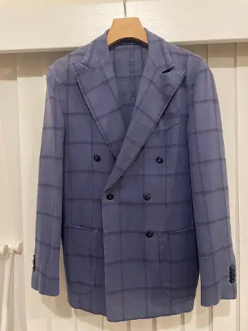 네이비 체크 무늬 더블 브레스트 자켓