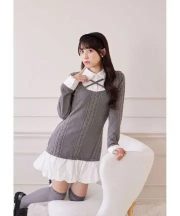 그레이 케이블 니트 긴팔 원피스