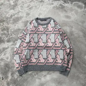80s 90s 올 패턴 니트 아크릴 스웨터 올 패턴 핑크 구제 의류