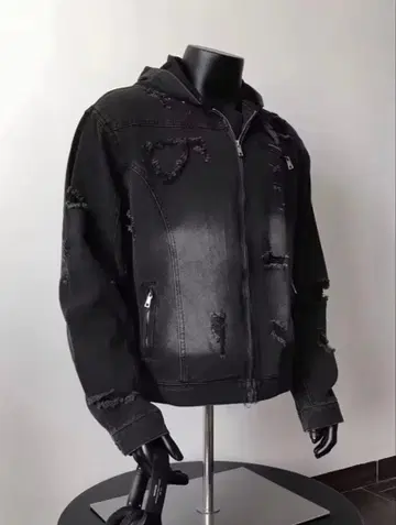 [즉시 구매 OK] 데미지 가공 후드 부착 블랙 데님 자켓