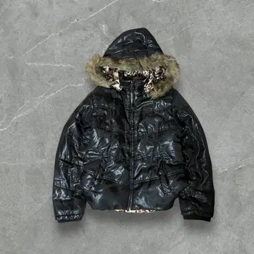 y2k 00's 헤이세이 갸루 퍼 다운 자켓 레오파드 무늬 리버서블