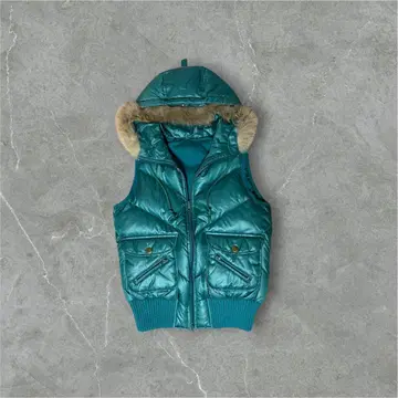 y2k 00's 헤이세이 퍼 다운 베스트 터콰이즈 짧은 기장 두꺼운