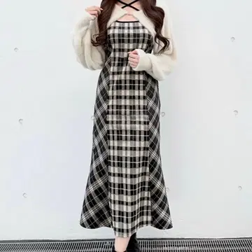 NOMAE 샤기 볼레로 롱 체크 원피스