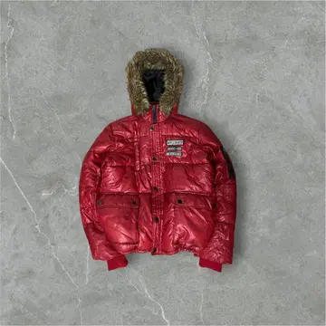 y2k 00's 시크 스타일 갸루 남자 퍼 다운 자켓 레드 드로 코드