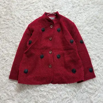 레트로 울 코트 알파카 코트 알파카 혼방 도트 무늬 빨간색 L