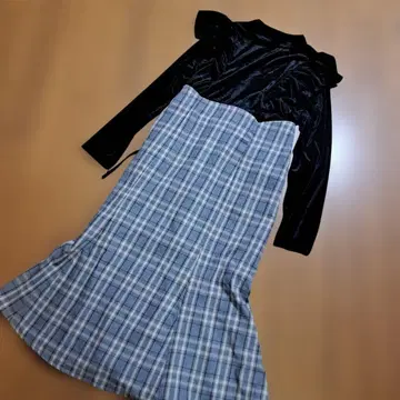 도킹 원피스 벨로아 x 체크 스커트 LL~4L 상당