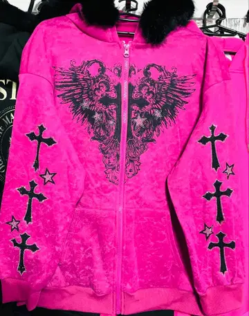 핑크 크로스 자수 시크 스타일 갸루 스타일 퍼 후드티 L~XL 남녀 공용