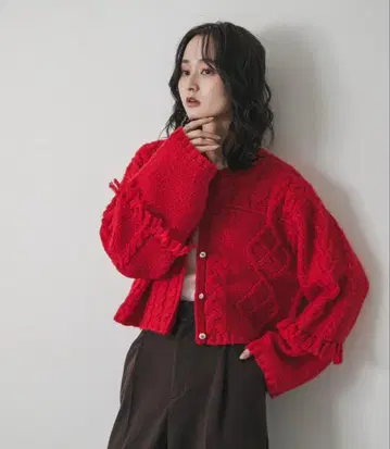 SENSE OF PLACE 패치워크 케이블 니트 가디건 빨간색