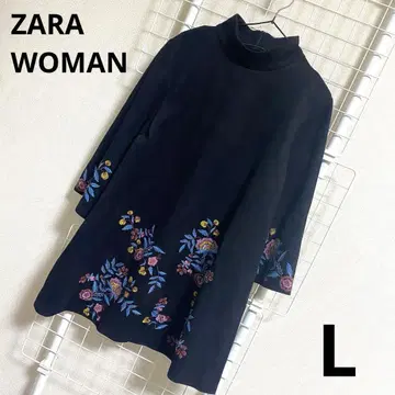 자라 우먼 블랙 하이넥 원피스 벨로아풍 꽃무늬 자수 L ZARA
