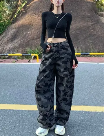 카모 패턴 코튼 와이드 팬츠