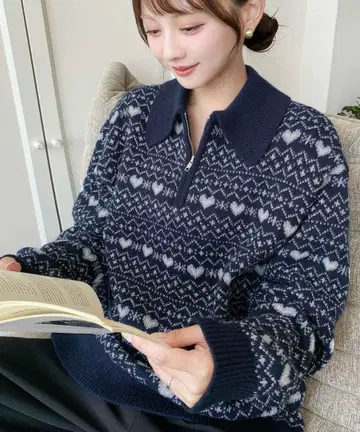 노르딕 무늬 더블 자카드 하프 지퍼 폴로 니트 풀오버